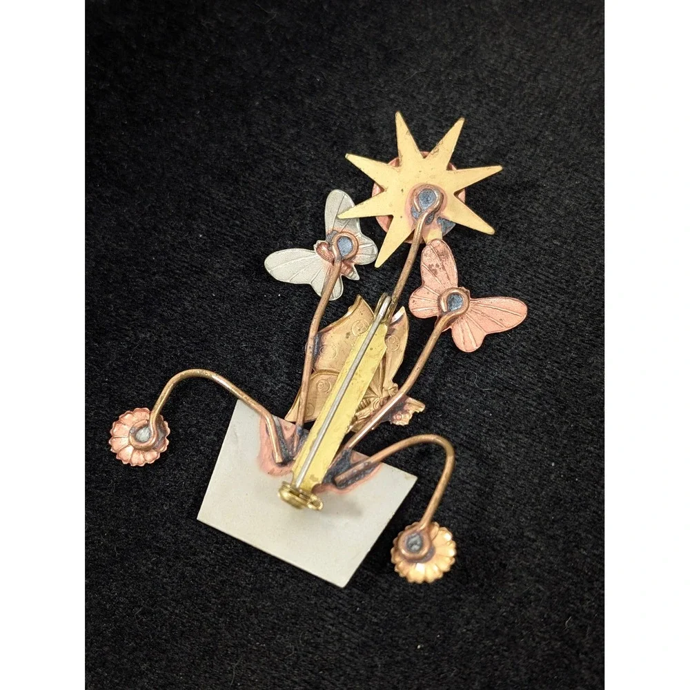 Vintage‎ Artisan Sun Sunflower Butterfly Brooch Mixed Metal